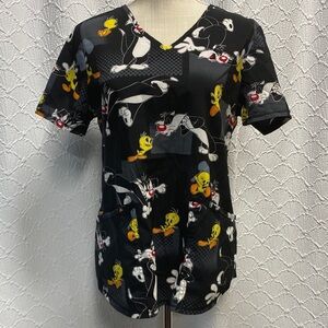 Warner Bros. Size small Looney Tunes Scrub‎ top tweety Sylvester stretch nursing